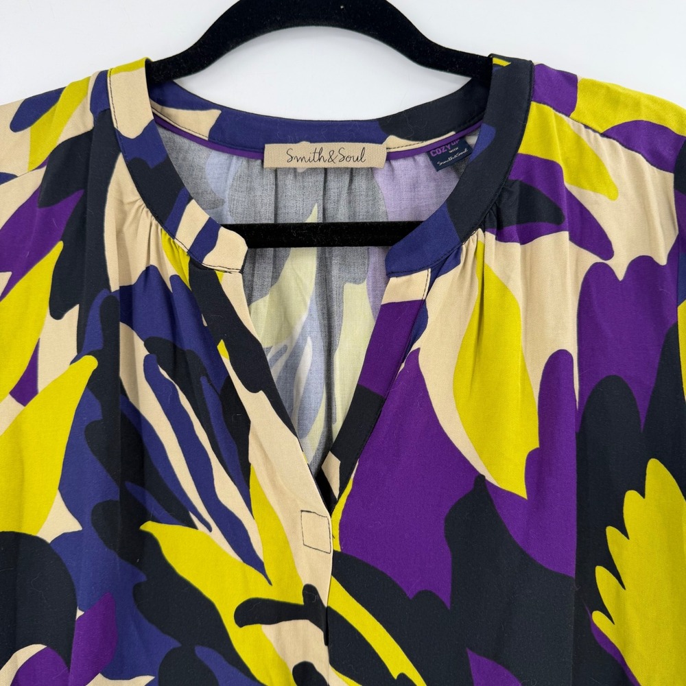 Smith & Soul Blouse Women Small Purple Yellow Abstract Botanical Art to Wear - Picture 8 of 12